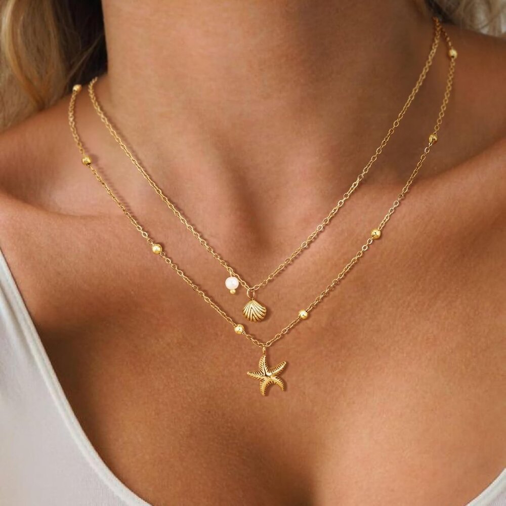 Shell Necklace for Women,14k Gold Plated Layered Starfish Conch SeaShell Pearl P - Picture 6 of 6